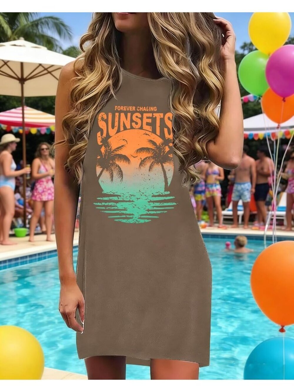 Women's Brown Stylish Sleeveless Beach Vacation Sundress Short Tank Mini Dress - Picture 3 of 6